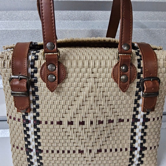 Handmade Woven Straw Handbag Purse Top Handle Satchel Bag Beige Brown Medium MX - Picture 9 of 14